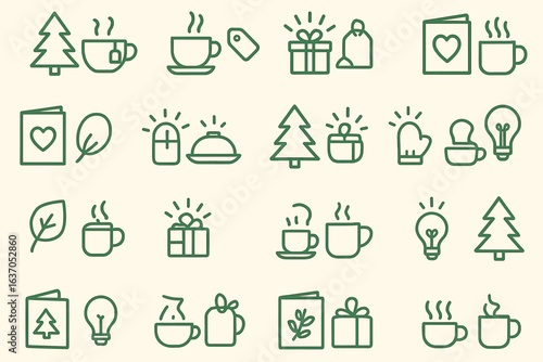 Festive icons featuring coffee cups, gifts, and holiday symbols for seasonal celebrations and cozy moments
