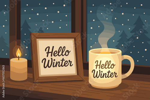Warm winter evening with candle, framed quote, and steaming coffee cup beside window view of snow