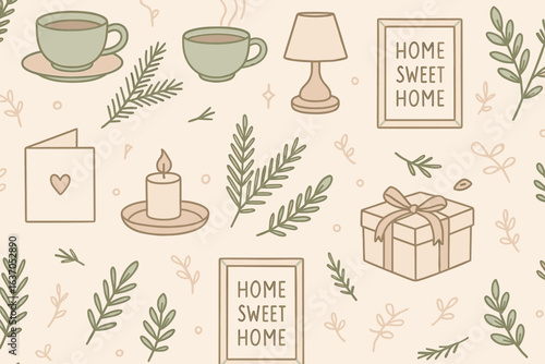 Cozy home decor pattern featuring cups, plants, and warm elements for a comfortable atmosphere