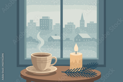 Warm cup of coffee beside a candle during a snowy day in a cozy indoor setting with city view