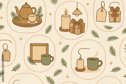 Cozy holiday patterns featuring tea, candles, gifts, and greenery on a light background