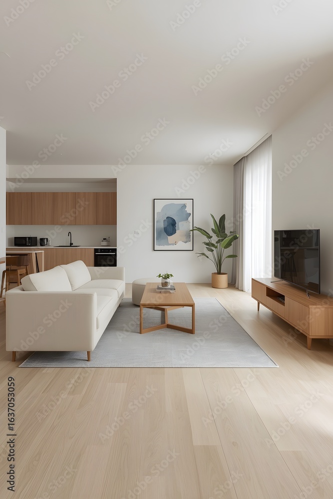 Fototapeta premium Modern bright living room interior with beige sofa, wooden coffee table, flat-screen TV, and open kitchen design, decorated with minimalist furniture and natural light ambiance