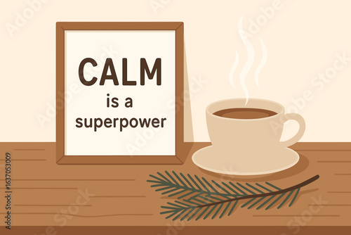 Calmness represented by a warm cup of coffee and an inspiring message on a wooden table