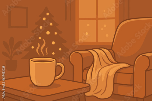 Cozy evening with coffee by a decorated Christmas tree near a warm chair in a serene living room