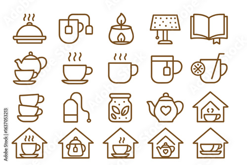 Illustrative collection of cozy tea and coffee icons for home and relaxation themes