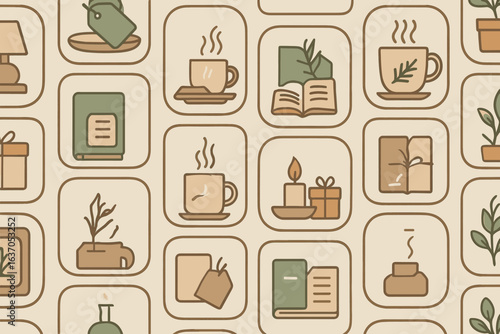 Cozy indoor elements featuring plants, books, and beverages set in a charming pattern design
