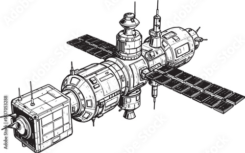Intricate black and white sketch of a futuristic space station c