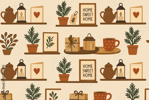 Decorative kitchen pattern with plants, teapots, and home-themed items creating a cozy atmosphere