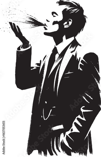 Elegant monochromatic brush stroke illustration of a man blowing