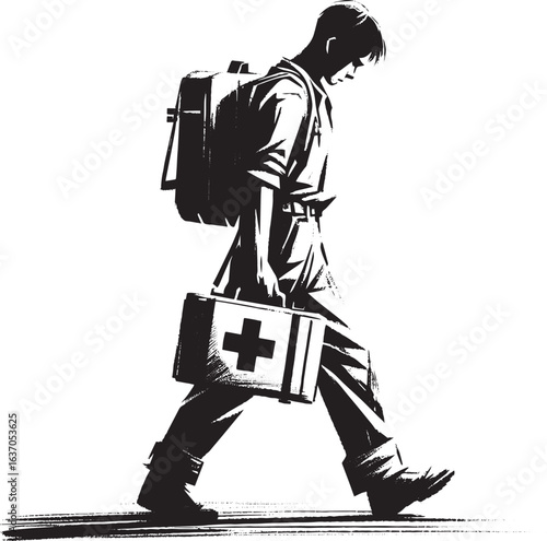 Monochromatic illustration of a first responder on call with aid