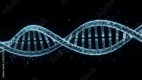 Stylized blue DNA helix on a black background, illuminated with soft glow, emphasizing curvature and molecular structure.