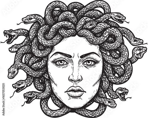 Serpentine gaze, engraving style depiction of a gorgon's visage