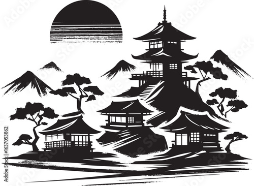 Zen Cultural Landscape Sumi-e Illustration with Pagoda and Mount