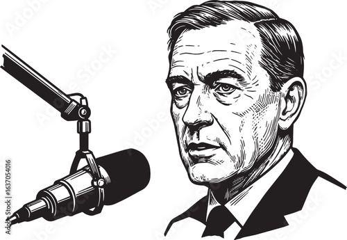 Monochrome Illustration of a Radio Show Host with Microphone and