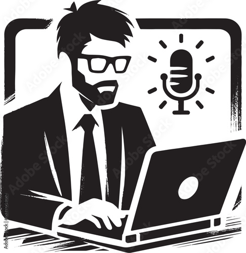 Monochrome sumi-e style icon of webinar attendee with a micropho