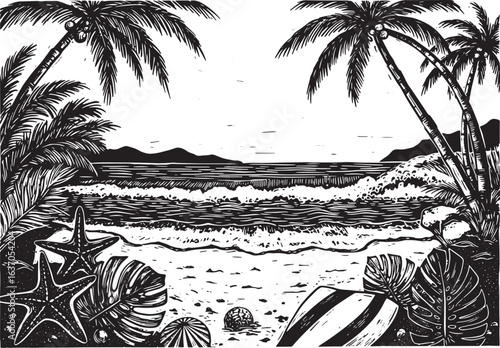 Black and white woodcut illustration of a tropical beach paradis