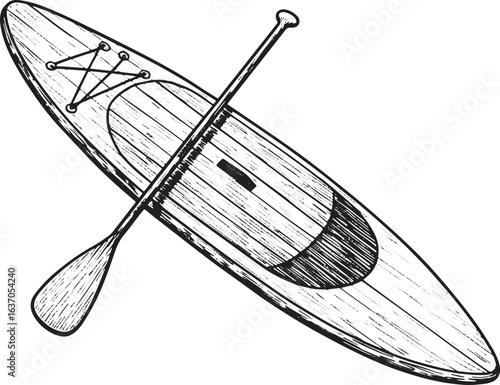 Detailed monochrome illustration of a stand up paddleboard with