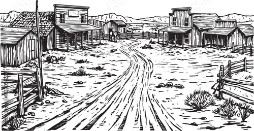 Black and white illustration of an old wild west town landscape