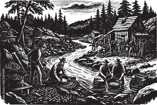 Vintage monochrome woodcut illustration of 1800s gold rush panni
