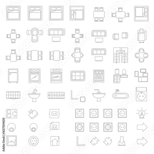 Diverse architectural line art icons depicting top-view furniture, kitchen appliances, and electrical symbols for modern floor plans.