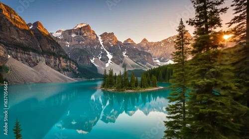 Mountain landscape with turquoise lake, green trees, rocky peaks; sunset lighting creates warm reflections.