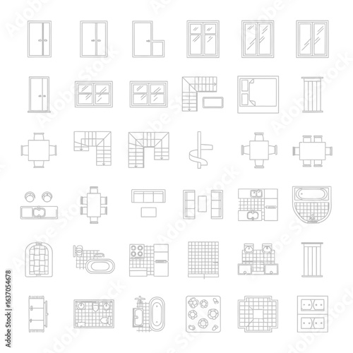 Minimalist architectural floor plan elements featuring windows, doors, stairs, and furniture in a clean, top-down view, ideal for interior design and building projects.
