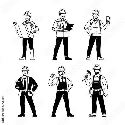 Six diverse male construction worker illustrations in black and white, showcasing various roles and tools, perfect for construction, engineering, and architecture projects.