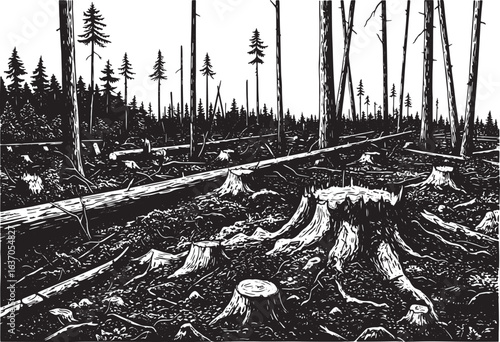 Monochrome depiction of devastated forest with felled trees and