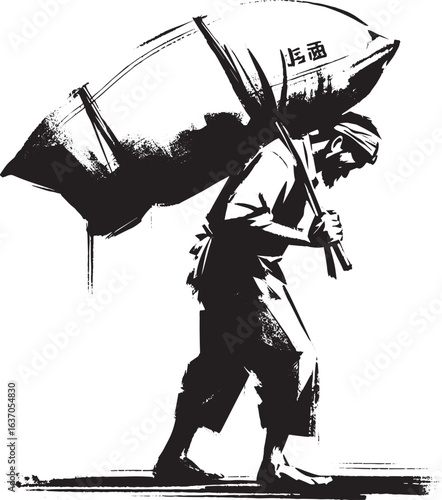 Monochromatic depiction of a man carrying a sack with sumi-e bru