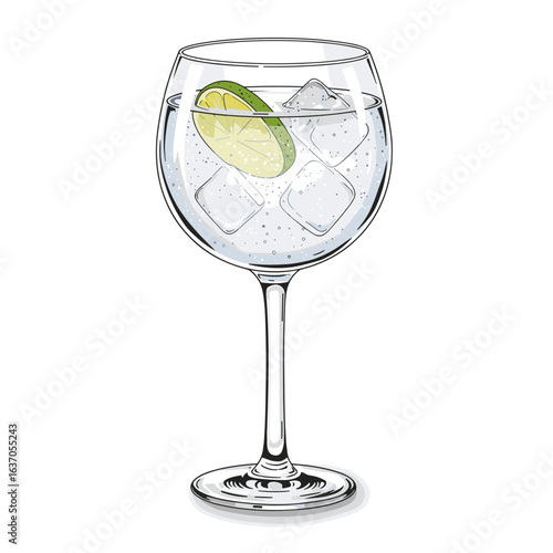 Glass of gin and tonic with ice cubes and a lime slice, white background, isolated, vector  