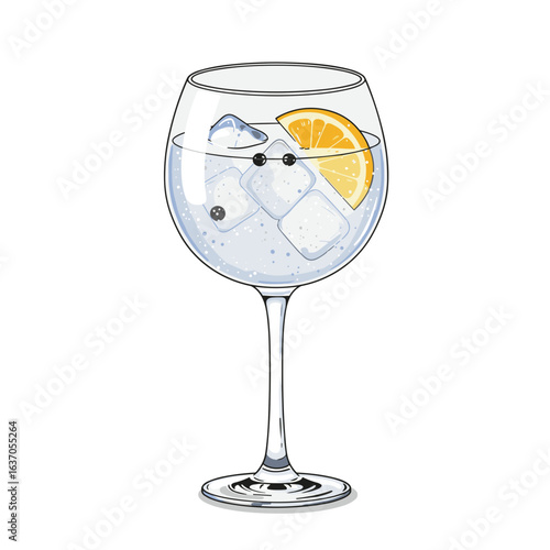 Gin and tonic cocktail with ice and lemon slice in glass, white background, isolated, vector