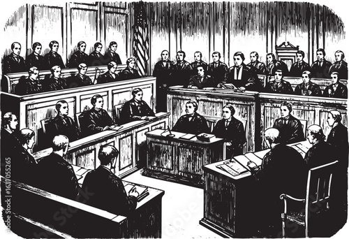 Detailed vintage courtroom scene illustration, showcasing legal