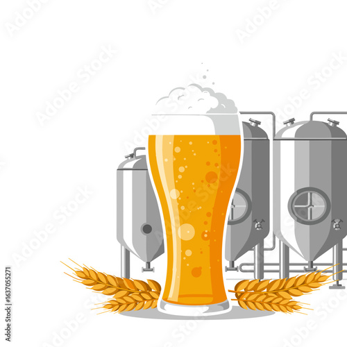 Glass of beer with wheat and brewery tanks in white background, isolated, vector