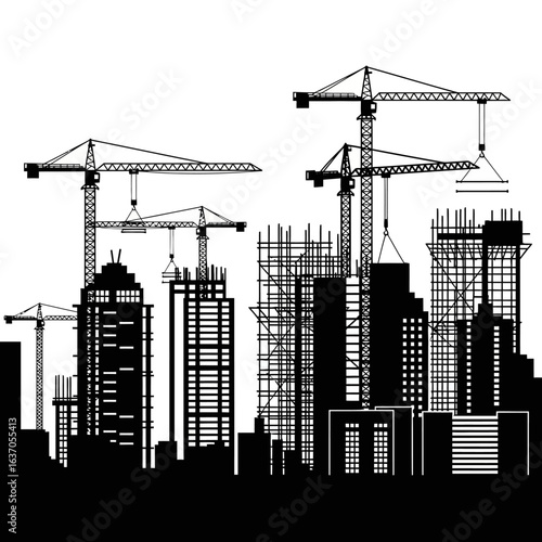 Silhouette of a city under construction with multiple cranes working on skyscrapers and buildings, illustrating urban development and modernization.