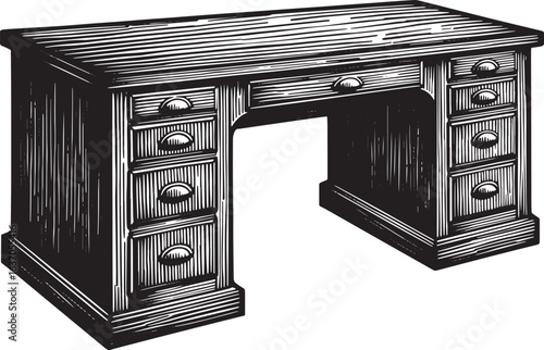 Antique Wooden Desk Illustration in Woodcut Style with Intricate