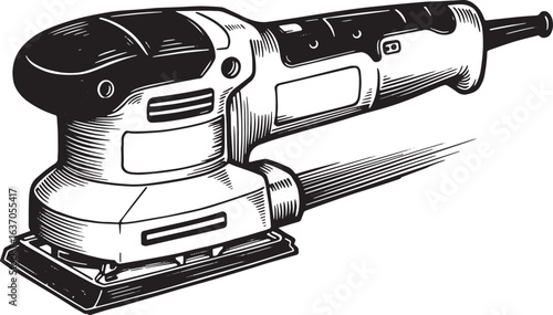 Detailed Woodcut Style Illustration of an Orbital Sander on Isol