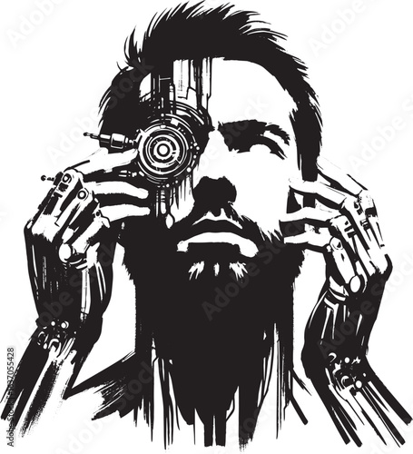 Monochrome man adjusting futuristic bionic eye, sumi-e brush str