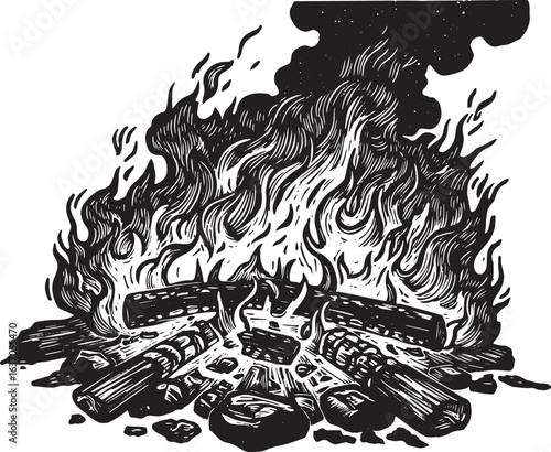 Dramatic Woodcut Illustration of a Campfire with Flames and Smok