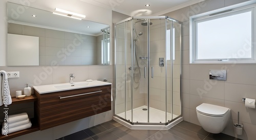 Small bathroom with corner shower and glass door