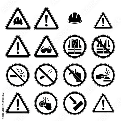 A collection of industrial safety signs and symbols, including warnings, prohibitions, and mandatory actions, presented in a clean, vector-based illustration on white.