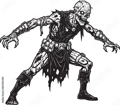 Undead Warrior in Detailed Woodcut Style, Black and White Isolat