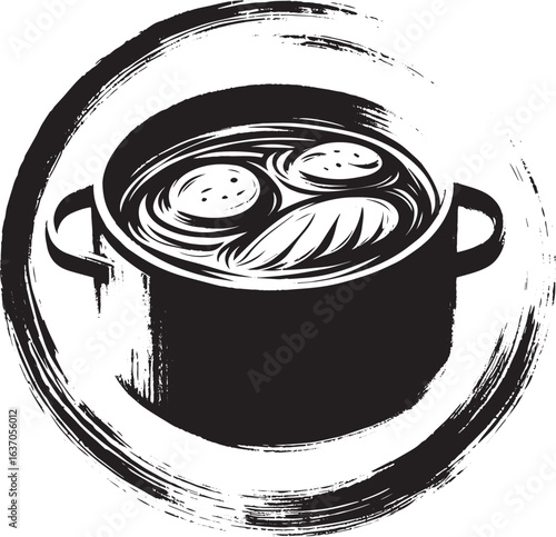 Minimalist Sumi-e Illustration of Bouillabaisse in a Pot with Br