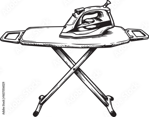 Monochrome Drawing of an Ironing Board and Iron in Detailed Wood
