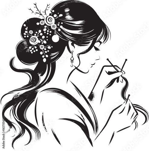 Elegant woman arranging jeweled hair for a special event in mini