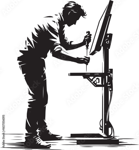 Minimalist sumi-e illustration of a man adjusting a monitor stan