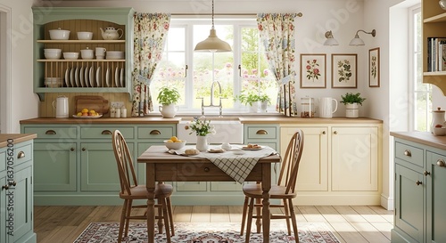 Cottage kitchen with pastel cabinets and floral curtains