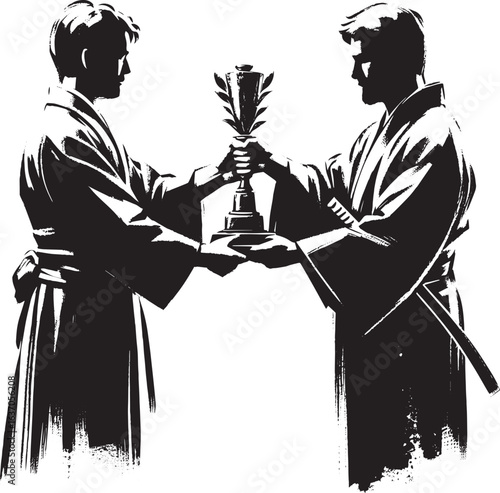 Sumi-e illustration of men exchanging a golden trophy in a minim
