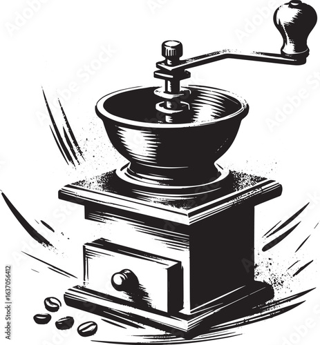Handheld coffee grinder illustration in minimal monochrome drawi