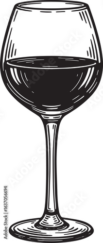 Elegant wine glass illustration in detailed woodcut style on whi