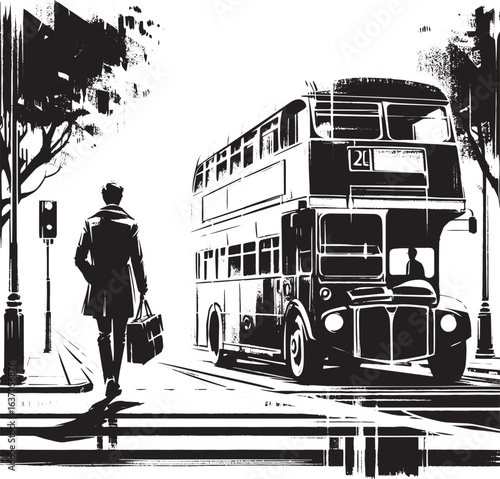 Monochrome double-decker bus city adventure: Urban travel in Jap